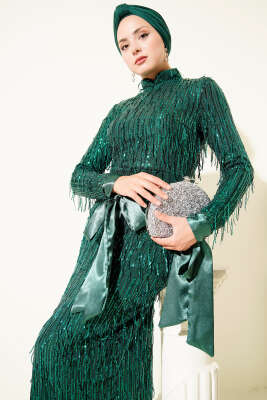 Püsküllü Pul Payet Abiye Elbise Zümrüt Yeşili - Tesettür Elbise