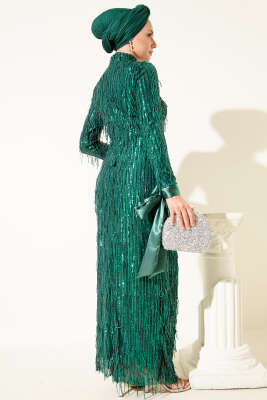 Püsküllü Pul Payet Abiye Elbise Zümrüt Yeşili - Tesettür Elbise