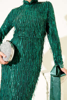 Püsküllü Pul Payet Abiye Elbise Zümrüt Yeşili - Tesettür Elbise