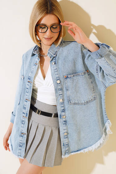 Püsküllü Salak Kot Ceket Kar Yıkama - Spor Ceket