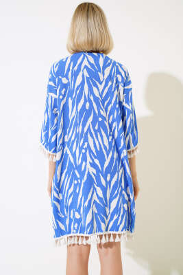 Püsküllü Salaş Hırka Saks - Kadın Giyim Modelleri