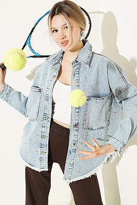 Püsküllü Salaş Kot Ceket Açık Kar - Kadın Giyim Modelleri