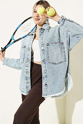 Püsküllü Salaş Kot Ceket Açık Kar - Kadın Giyim Modelleri