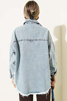 Püsküllü Salaş Kot Ceket Açık Kar - Kadın Giyim Modelleri