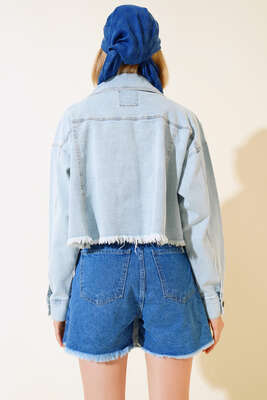 Püsküllü Salaş Kısa Kot Ceket Açık Mavi - Kadın Giyim Modelleri