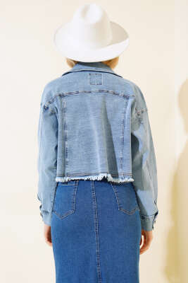 Püsküllü Salaş Kısa Kot Ceket Orta Mavi - Kadın Giyim Modelleri