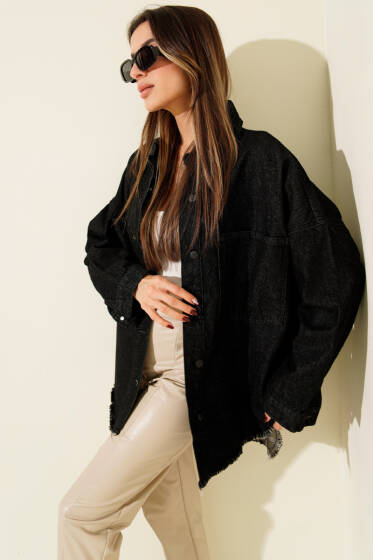 Püsküllü Salaş Kot Ceket Siyah - Kadın Giyim Modelleri