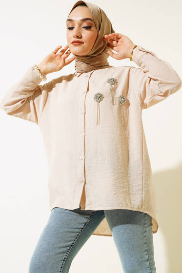 Püsküllü Taş Aksesuar Detaylı Keten Gömlek Bej - Gömlek