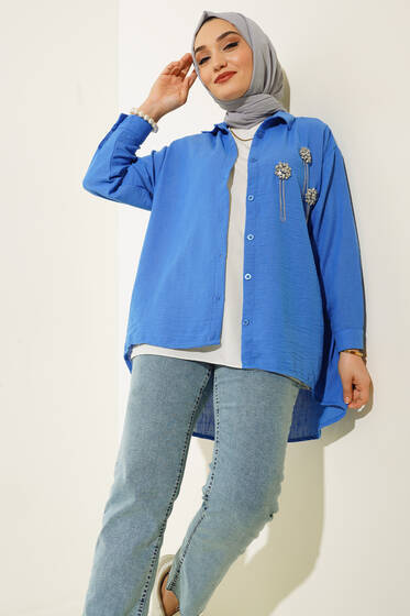 Püsküllü Taş Aksesuar Detaylı Keten Gömlek Saks - Gömlek