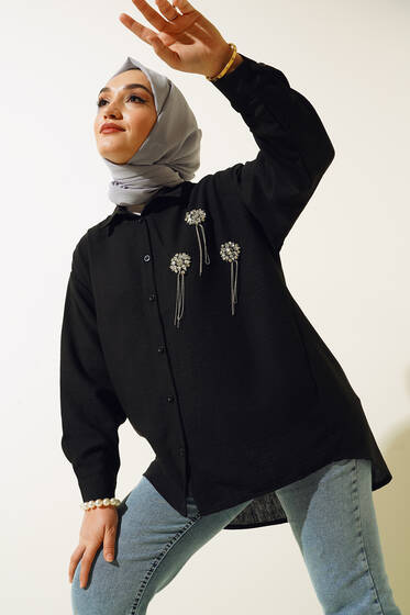 Püsküllü Taş Aksesuar Detaylı Keten Gömlek Siyah - Gömlek