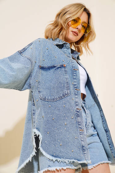 Püsküllü Taşlı Kot Ceket Kar Yıkama - Spor Ceket