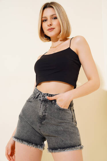 Püsküllü Ters Paça Kot Şort Siyah Kar - Yeni Giyim