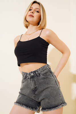 Püsküllü Ters Paça Kot Şort Siyah Kar - Yılın Fırsatı