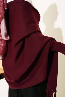 Püsküllü Triko Panço Bordo - Panço