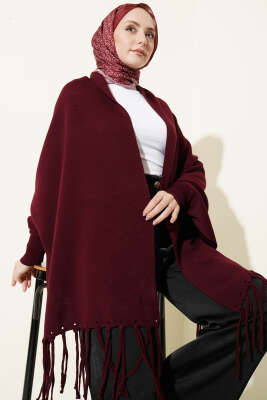 Püsküllü Triko Panço Bordo - Panço