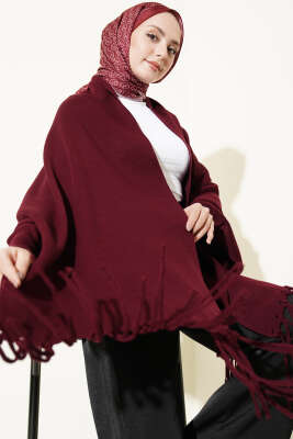 Püsküllü Triko Panço Bordo - VANİZA TRİKO