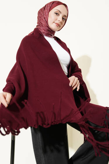 Püsküllü Triko Panço Bordo - Yılın Fırsatı