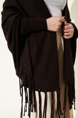 Püsküllü Triko Panço Kahve - Panço