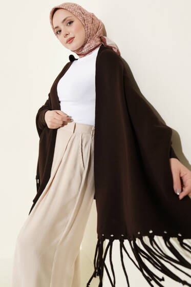 Püsküllü Triko Panço Kahve - Yılın Fırsatı