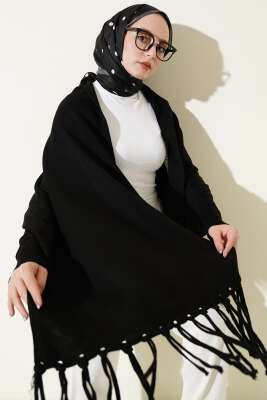 Püsküllü Triko Panço Siyah 