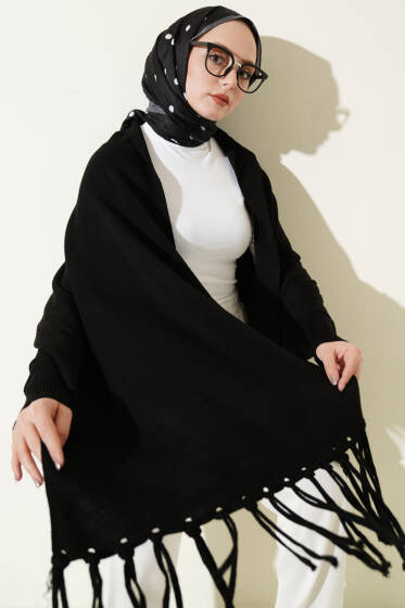 Püsküllü Triko Panço Siyah - Panço