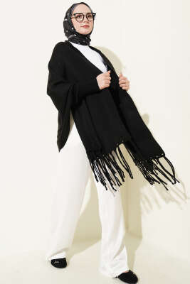 Püsküllü Triko Panço Siyah - Panço