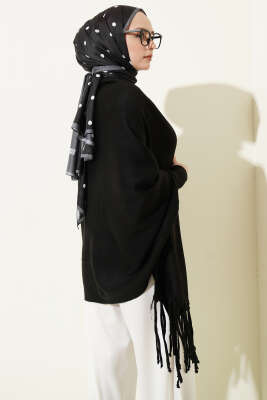 Püsküllü Triko Panço Siyah - Panço