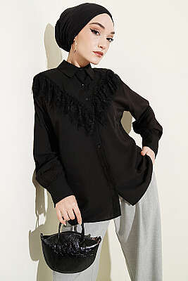 Püsküllü V Dantelli Gömlek Siyah - Gömlek