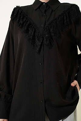 Püsküllü V Dantelli Gömlek Siyah - Gömlek