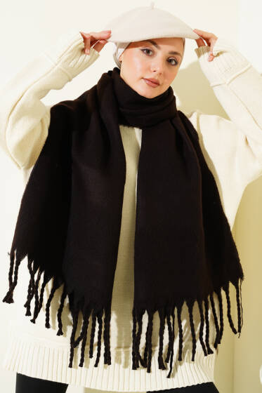 Püsküllü Yumoş Omuz Şalı Acı Kahve - Omuz Şalı