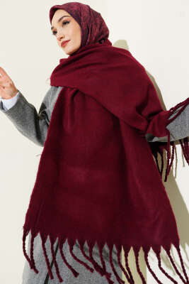 Püsküllü Yumoş Omuz Şalı Bordo - ASSE BONE