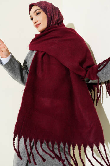 Püsküllü Yumoş Omuz Şalı Bordo - Omuz Şalı