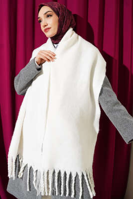 Püsküllü Yumoş Omuz Şalı Ekru - ASSE BONE