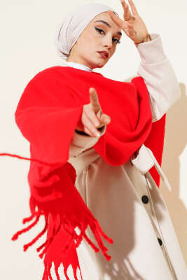 Püsküllü Yumoş Omuz Şalı Kırmızı - ASSE BONE