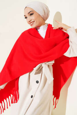 Püsküllü Yumoş Omuz Şalı Kırmızı - Omuz Şalı