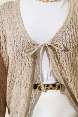 Bağcıklı Ajurlu Kısa Triko Hırka Bej - Triko Hırka