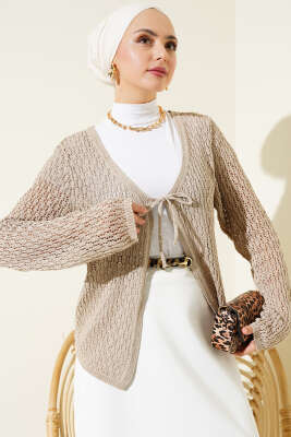 Bağcıklı Ajurlu Kısa Triko Hırka Bej - Triko Hırka