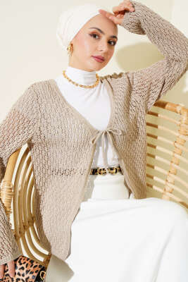 Bağcıklı Ajurlu Kısa Triko Hırka Bej - Triko Hırka