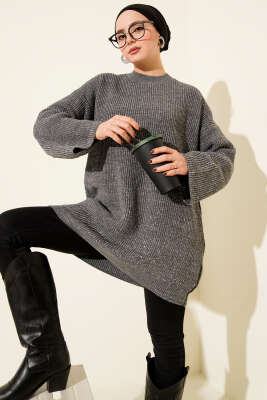 Salaş Bisiklet Yaka Simli Triko Tunik Füme - RAFİMİX