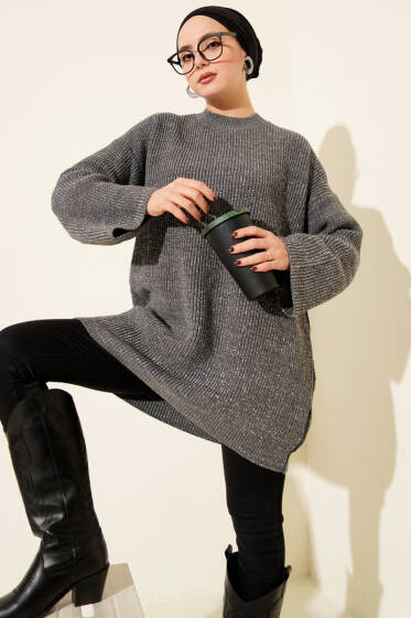 Salaş Bisiklet Yaka Simli Triko Tunik Füme - Tunik