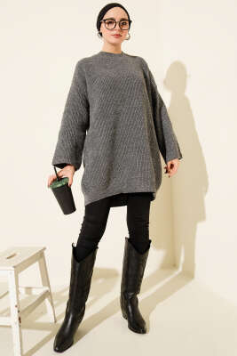 Salaş Bisiklet Yaka Simli Triko Tunik Füme - Tunik