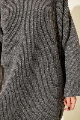 Salaş Bisiklet Yaka Simli Triko Tunik Füme - Tunik