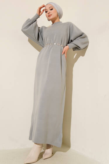 Balon Kol Triko Elbise Kayrak Grisi - Elbise