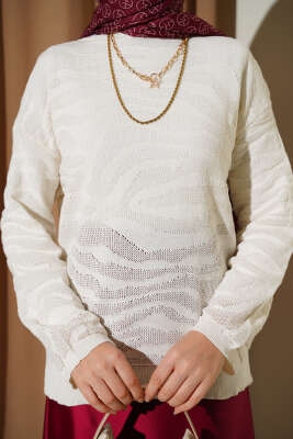 Zebra Desen Triko Kazak Ekru - Triko Kazak