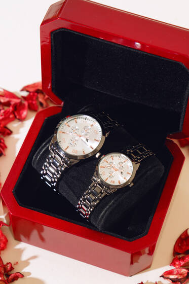 Rakamlı Çizgili Sevgli Çift Kol Saati Siyah - Saat