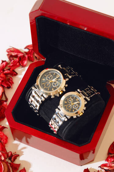 Rakamlı Üç Kadranlı Sevgili Çift Kol Saati Silver Gold - Saat