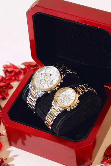 Rakamsız Üç Kadran Sevgili Çift Kol Saati Silver Gold - Saat