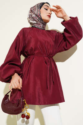 Reglan Balon Kol İp Kuşaklı Tunik Bordo 
