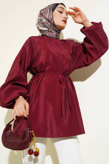 Reglan Balon Kol İp Kuşaklı Tunik Bordo - Tunik