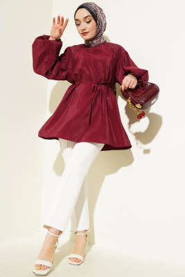 Reglan Balon Kol İp Kuşaklı Tunik Bordo - Tunik